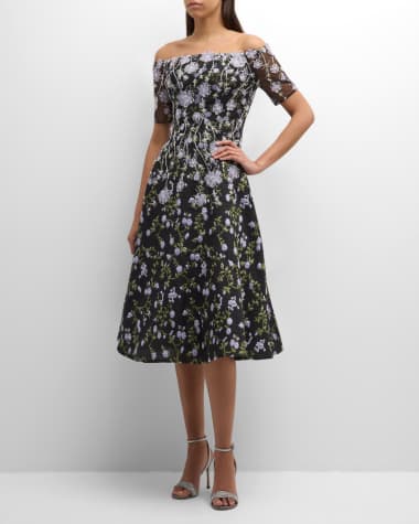 Rickie Freeman for Teri Jon Floral-Embroidered Off-Shoulder Midi Dress