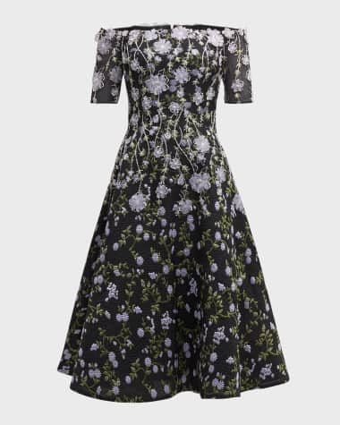 Rickie Freeman for Teri Jon Floral-Embroidered Off-Shoulder Midi Dress