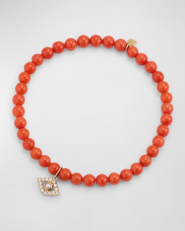 Sydney Evan 14K Large Evil Eye Charm on Peach Coral Bracelet
