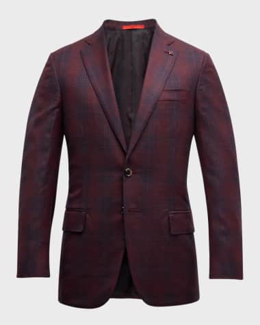 Isaia Men's Burgundy Plaid Check Sports Jacket