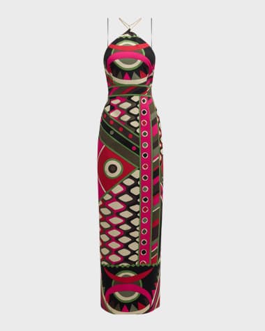 Emilio Pucci Foulard-Print Silk Backless Halter Maxi Dress
