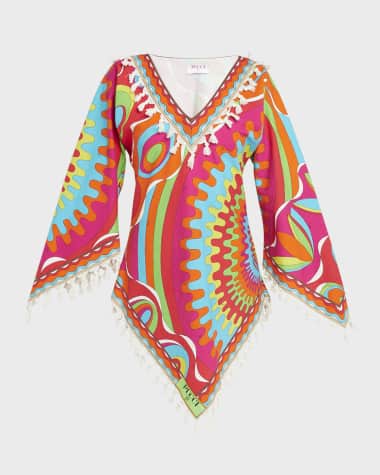 Emilio Pucci V-Neck Tassel-Trim Long-Sleeve Kaftan Mini Dress