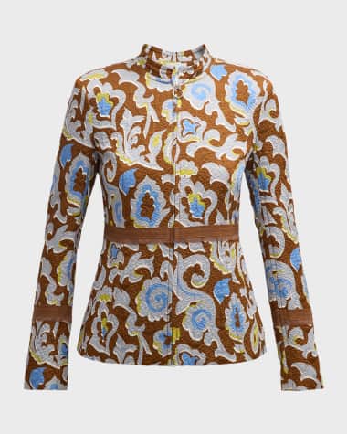 St. John Western Paisley-Print Cloque Jacquard Zip Jacket