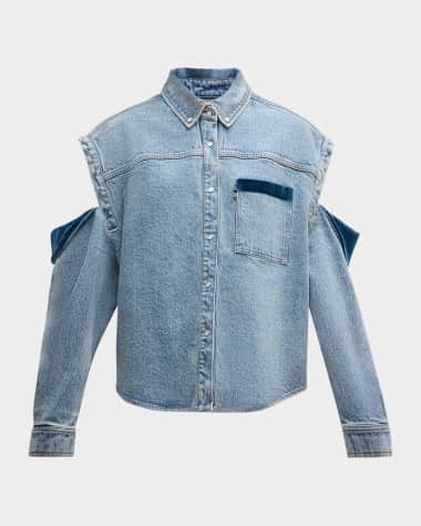 Hellessy Culter Velvet-Trim Cold-Shoulder Oversized Denim Shirt