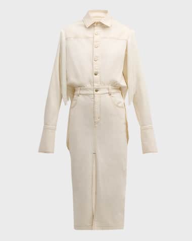 Hellessy Ivy Fringe Long-Sleeve Slit-Hem Midi Denim Shirtdress