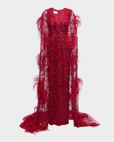 Pamella Roland Raspberry Sequined Feather-Trim Cape Column Gown