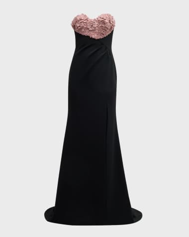 Pamella Roland Crystal Flower Empire-Waist Slit Trumpet Gown
