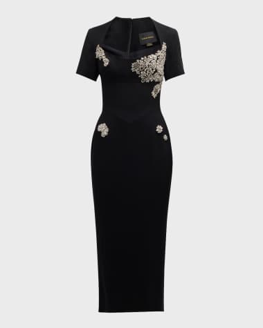 Zuhair Murad Crystal-Embroidered Short-Sleeve Soft Cady Midi Dress