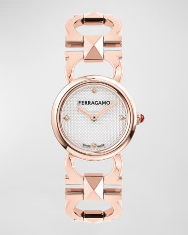 Ferragamo 25mm Double Gancini Stud Watch with Silver Dial, Rose Gold