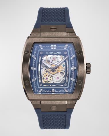 Ferragamo Men's F-80 Tonneau Skeleton Rubber-Strap Watch, 42mm