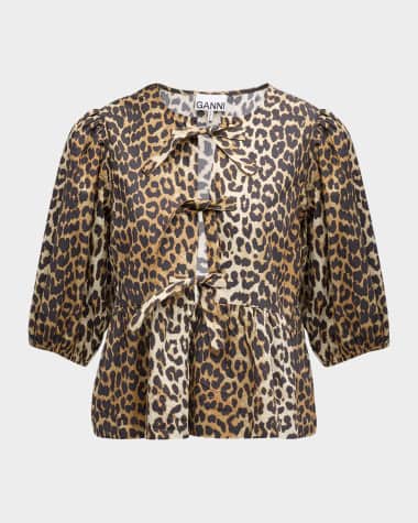 Ganni Printed Self-Tie Peplum Blouse