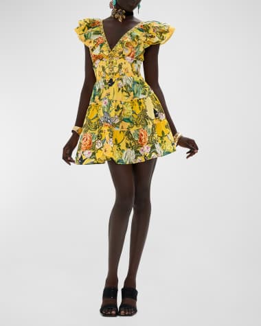 Camilla Tiered Neck Frill Floral Cotton Mini Dress