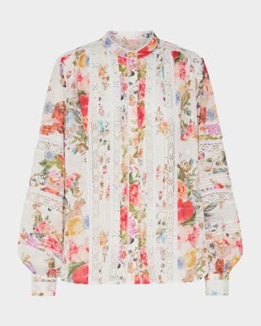 Camilla Lace-Trim Floral Cotton Blouson-Sleeve Blouse
