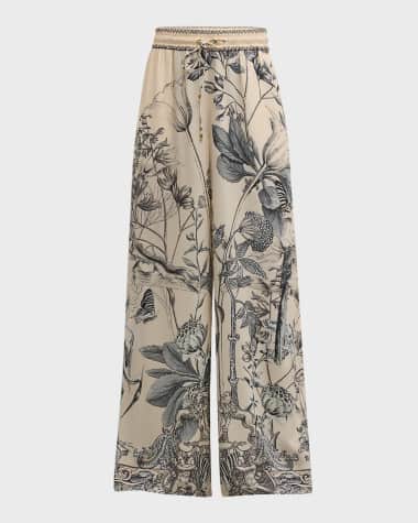 Camilla Floral Silk Straight Wide-Leg Pants