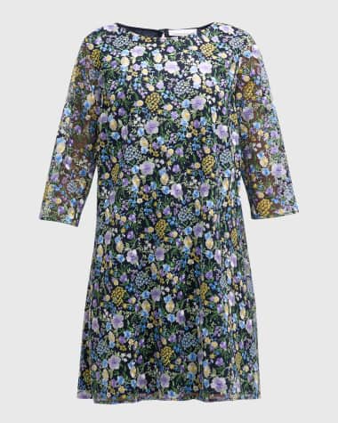 Caroline Rose Flower Basket Floral-Embroidered Shift Dress