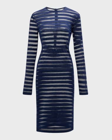 Norma Kamali Semi-Sheer Striped Long-Sleeve Dress