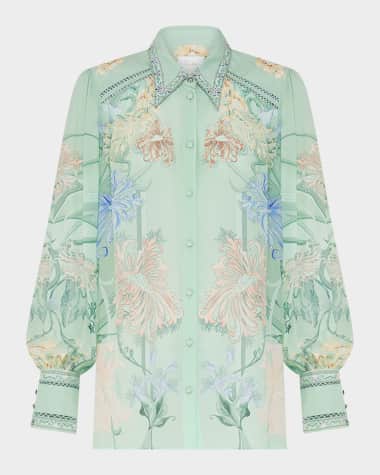 Camilla Floral Silk Button-Front Blouson-Sleeve Blouse