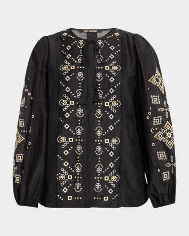 Kobi Halperin Bridgette Embroidered Blouson-Sleeve Blouse