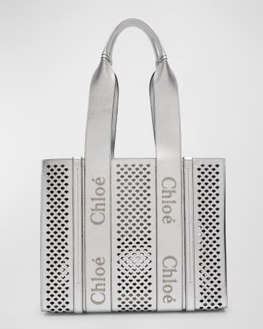 Chloe x High Summer Woody Medium Tote Bag in Perforated Metallic Leather