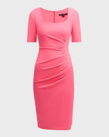Black Halo Pleated Scoop-Neck Bodycon Midi Dress