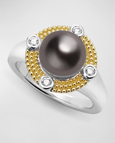 LAGOS Sterling Silver and 18K Luna Black Pearl Lux with Diamonds Ring, Size 7