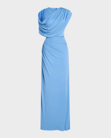 Halston Casi Side-Slit Draped Jersey Gown