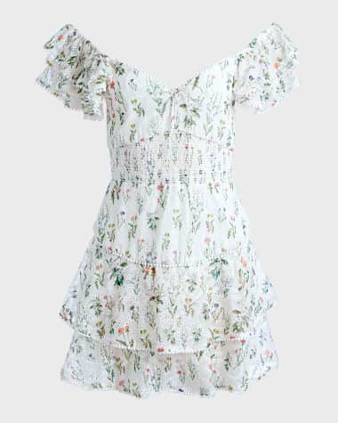 Alice + Olivia Floral Hartford Smocked Bust Tiered Mini Dress