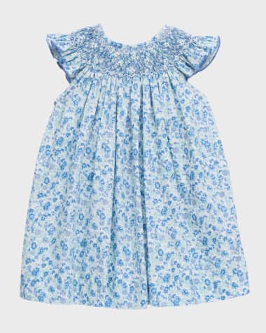 Luli & Me Girls Teal Forest Floral Smocked Bishop Dress