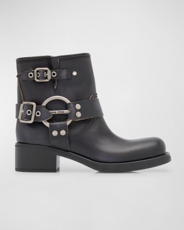 Miu Miu Leather Harness Buckle Biker Ankle Boots