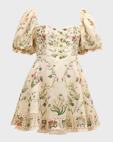 Agua by Agua Bendita Vuelo Cultivo Puff-Sleeve Floral Linen Mini Dress