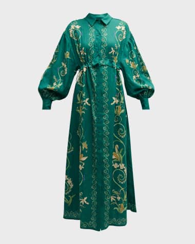 Agua by Agua Bendita Taos Esmeralda Floral Linen Balloon-Sleeve Maxi Shirtdress