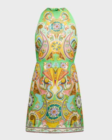ALEMAIS Pinball Backless Tie-Neck Linen Silk Printed Mini Dress