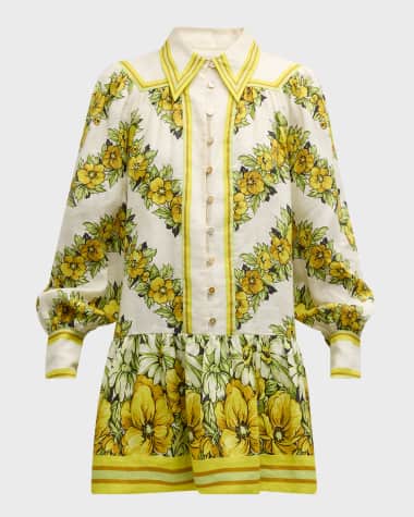 ALEMAIS Gisela Floral Linen Balloon-Sleeve Mini Shirtdress