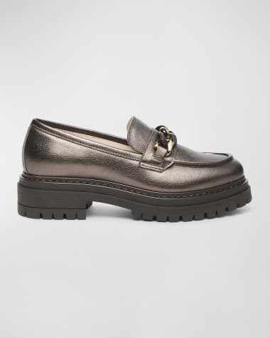 NeroGiardini Metallic Leather Chain Lug-Sole Loafers