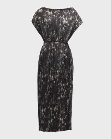 Lafayette 148 New York Pleated Abstract-Print Dolman-Sleeve Midi Dress