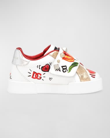 Dolce&Gabbana Girl's Leather Embellished Tulip-Print Sneakers, Toddlers