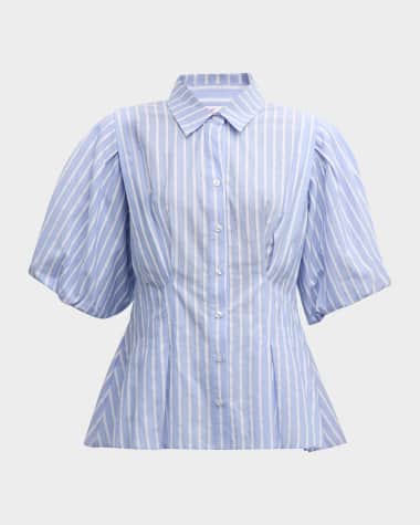 Finley Julie Blouson-Sleeve Striped Cotton Dobby Shirt
