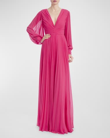 Badgley Mischka Collection Pleated Blouson-Sleeve Georgette Gown
