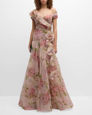 Rickie Freeman for Teri Jon Pleated Off-Shoulder Floral-Print Organza Gown
