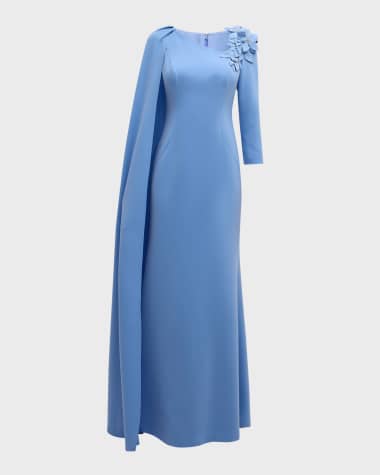 Rickie Freeman for Teri Jon Asymmetric Cape-Sleeve Gown
