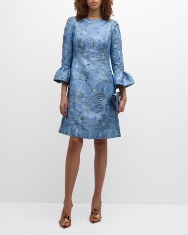 Rickie Freeman for Teri Jon Bell-Sleeve Metallic Floral Jacquard Midi Dress
