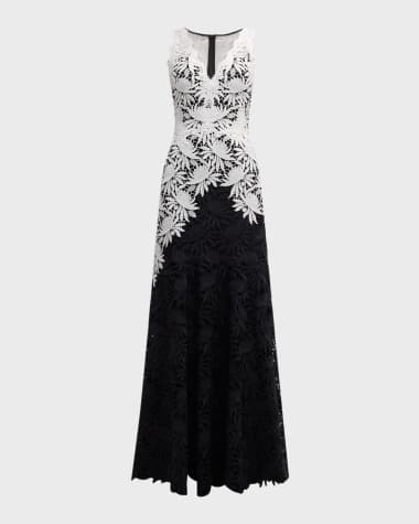 Rickie Freeman for Teri Jon Sleeveless Two-Tone Floral Lace Gown