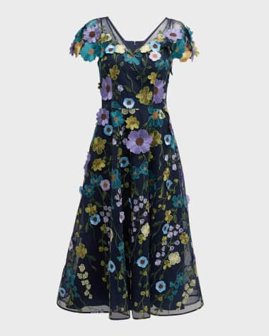 Rickie Freeman for Teri Jon A-Line Floral-Embroidered Tulle Midi Dress