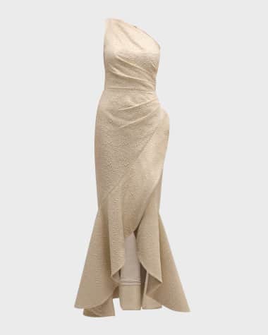 Rickie Freeman for Teri Jon Pleated One-Shoulder Jacquard Mermaid Gown