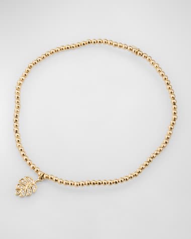 Sydney Evan Tiny Monstera Leaf Charm on 14K Gold Beaded Bracelet