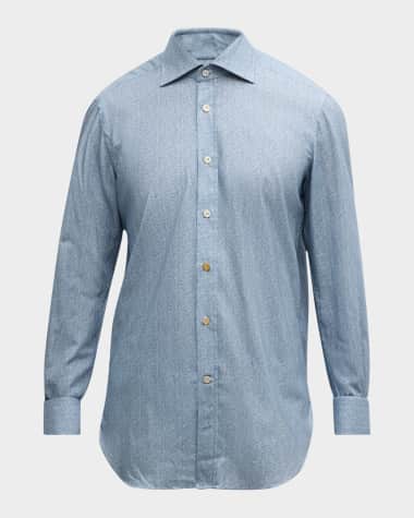Kiton Men's Cotton Herringbone-Print Sport Shirt