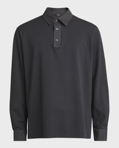 Kiton Men's Cotton Pique Long-Sleeve Polo Shirt