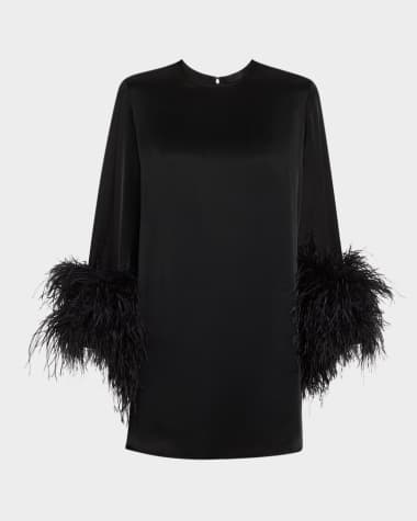 LAPOINTE Double-Face Satin Shift Dress with Ostrich Feathers