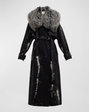 LAPOINTE Long Bleached Denim Double-Breasted Trench Coat with Mongolian Fur Collar