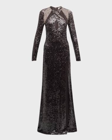 LAPOINTE Sequined Long-Sleeve Keyhole Halter Gown